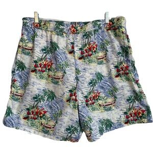 Cremieux Swim Trunks Blue Red Tropical Hibiscus Palm Print Lined Shorts Size XL